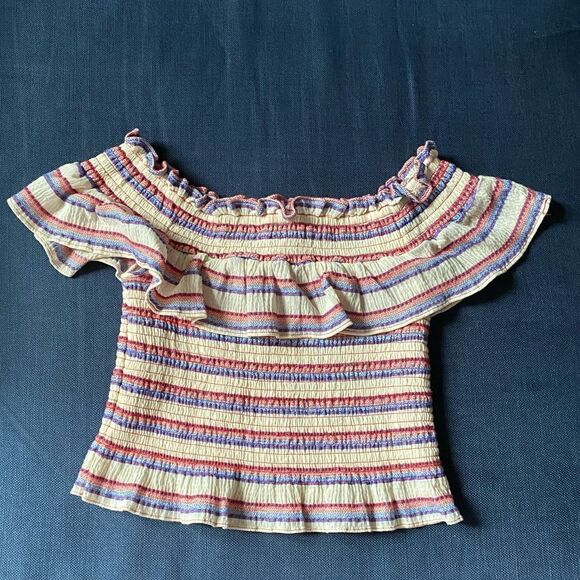 PARKER Lizette Smocked Crop Off the Shoulder Top Cabana Stripe Red Blue Sz Small - Picture 5 of 9